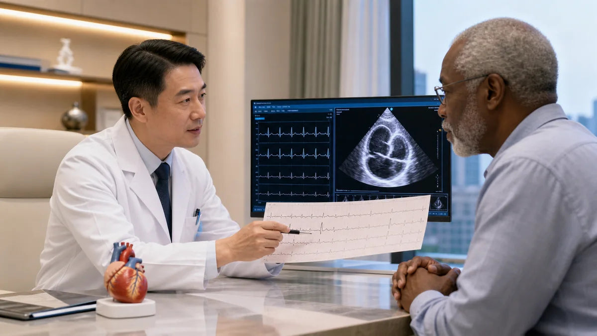 Cardiology specialist reviewing ECG and heart ultrasound