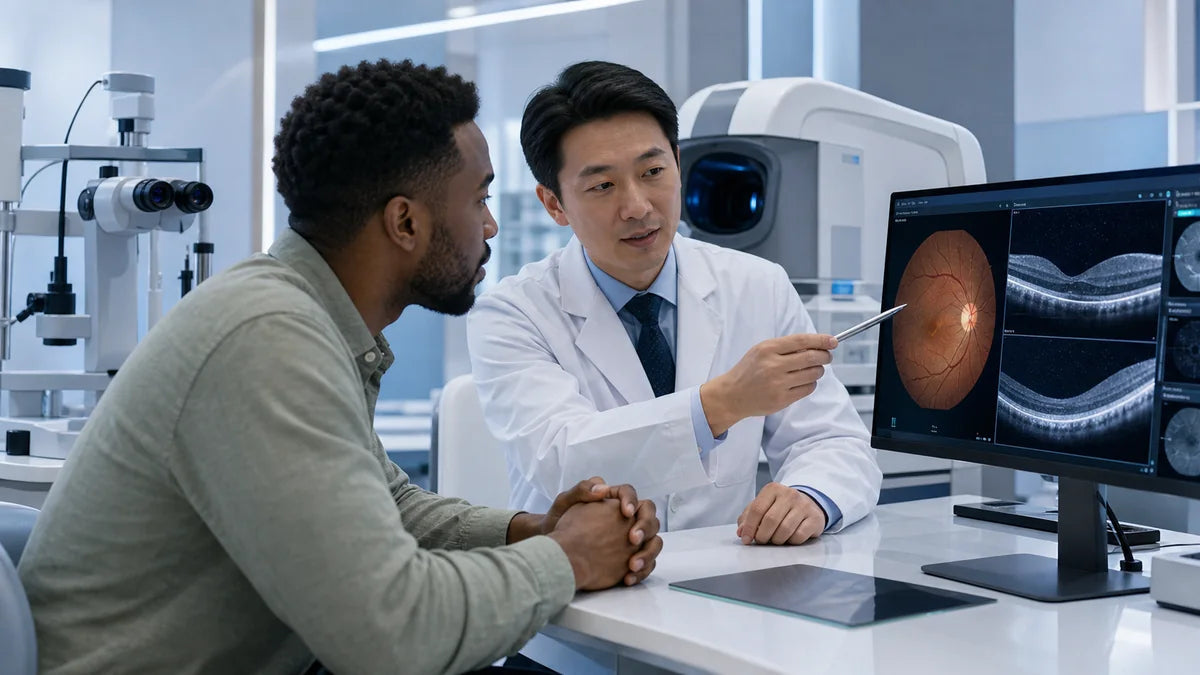 Ophthalmology specialist reviewing retinal imaging